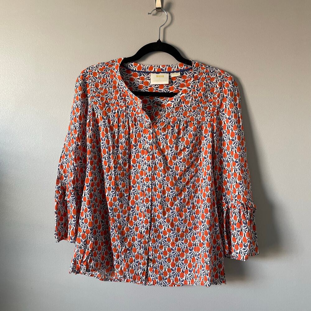 Maeve Orange Floral Print Peasant Blouse Button Up Size XS